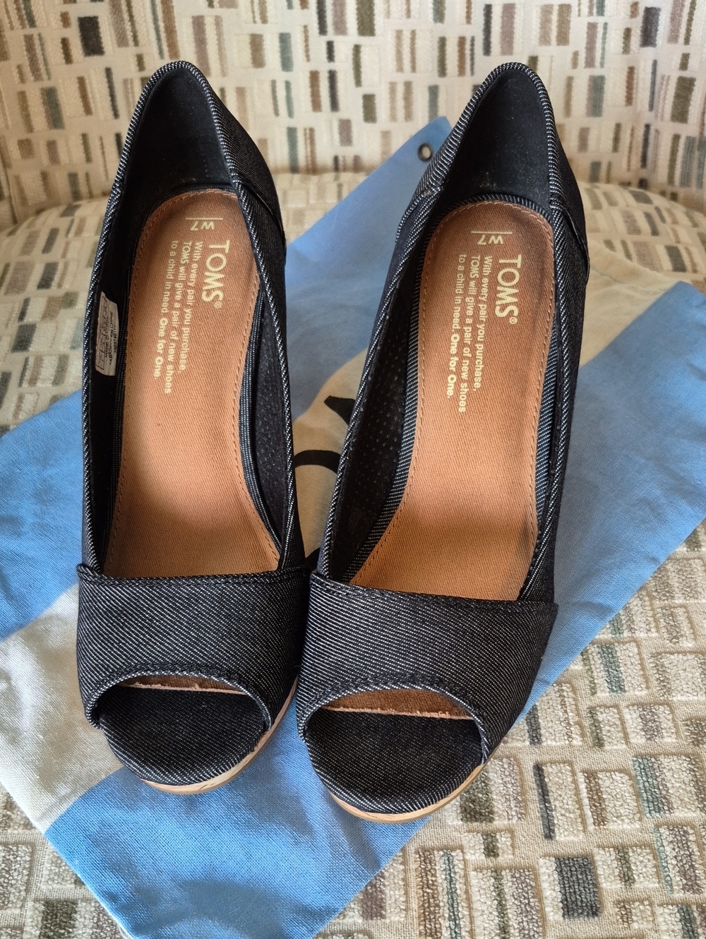 Toms Black Denim Fabric Peep-Toe Cork Wedge Pumps